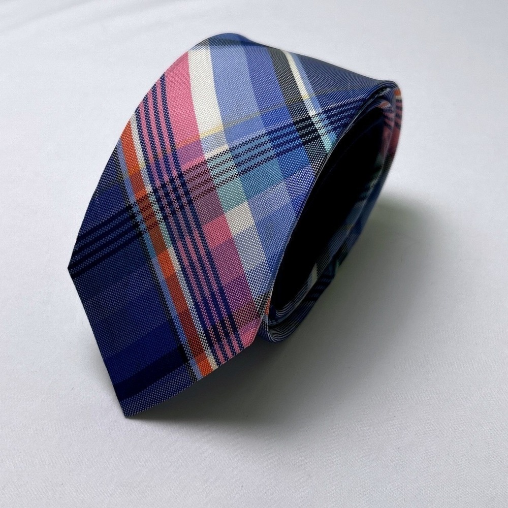 Tommy Hilfiger Mens Silk Plaid Madras Check Necktie Blue Pink Multi 61" Length